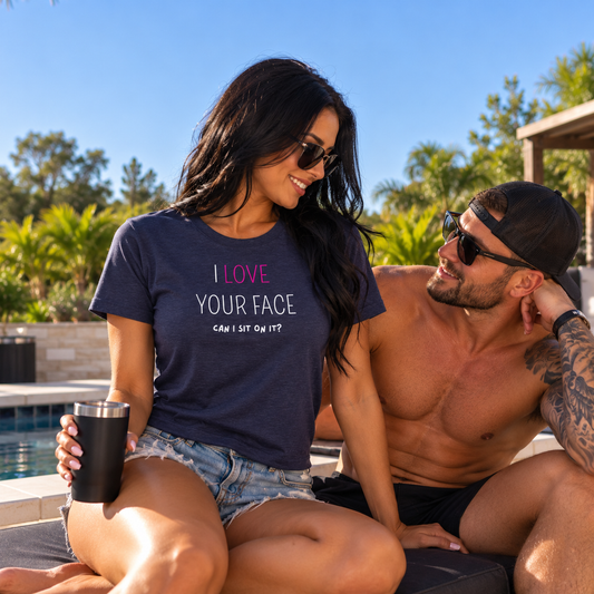 I Love Your Face Can I Sit On It Women's Graphic T-Shirt | White & Pink Print