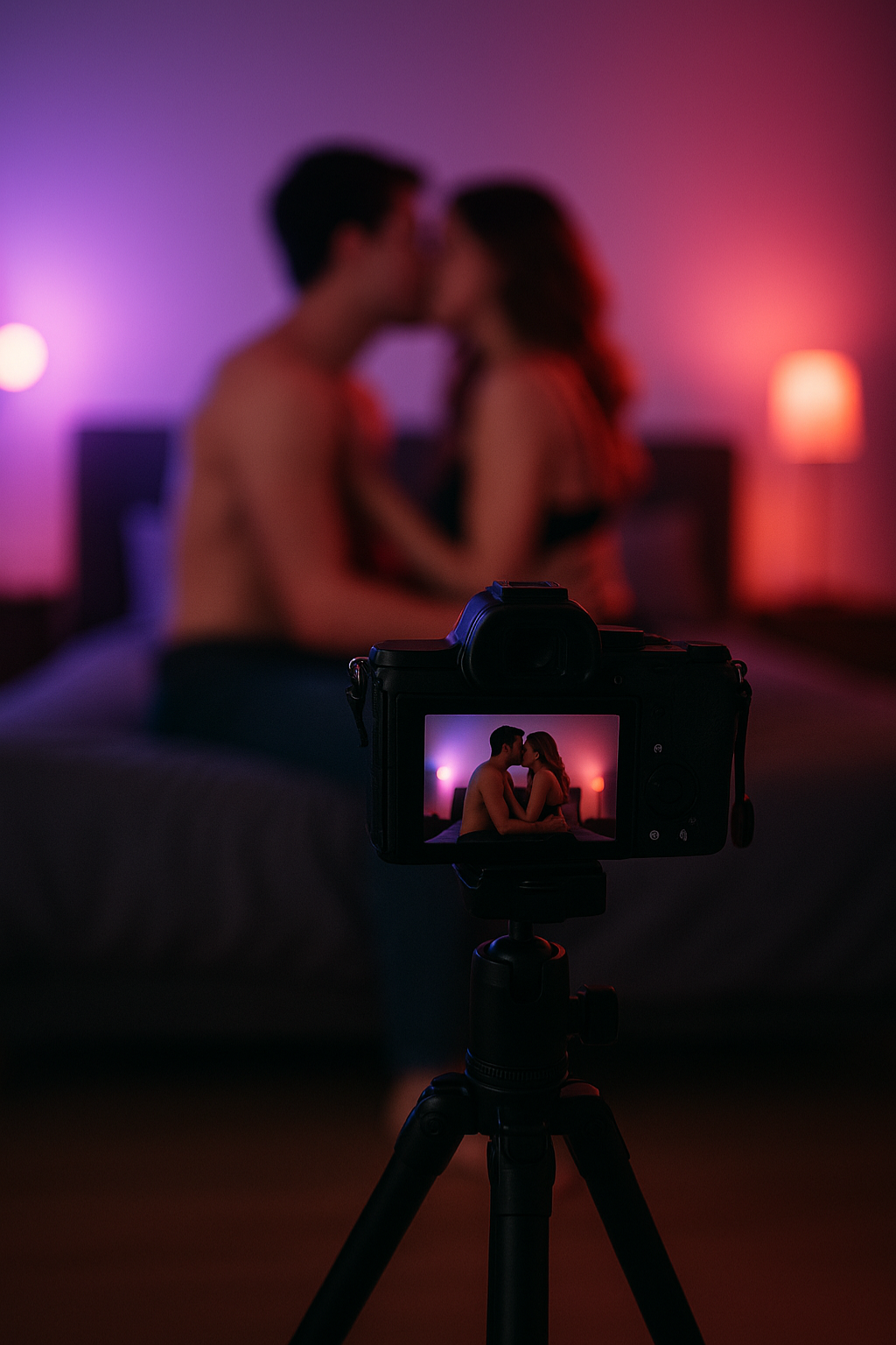 Camera on a tripod recording a blurred couple sitting close together on a bed in a moody, neon-lit bedroom, symbolizing content creation in intimate spaces.