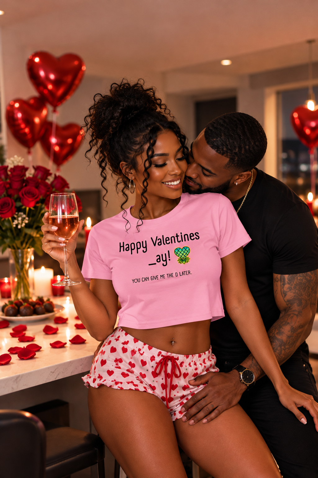 Happy Valentine's _ay! Give Me the D Later Women's Crop Top | Black Print