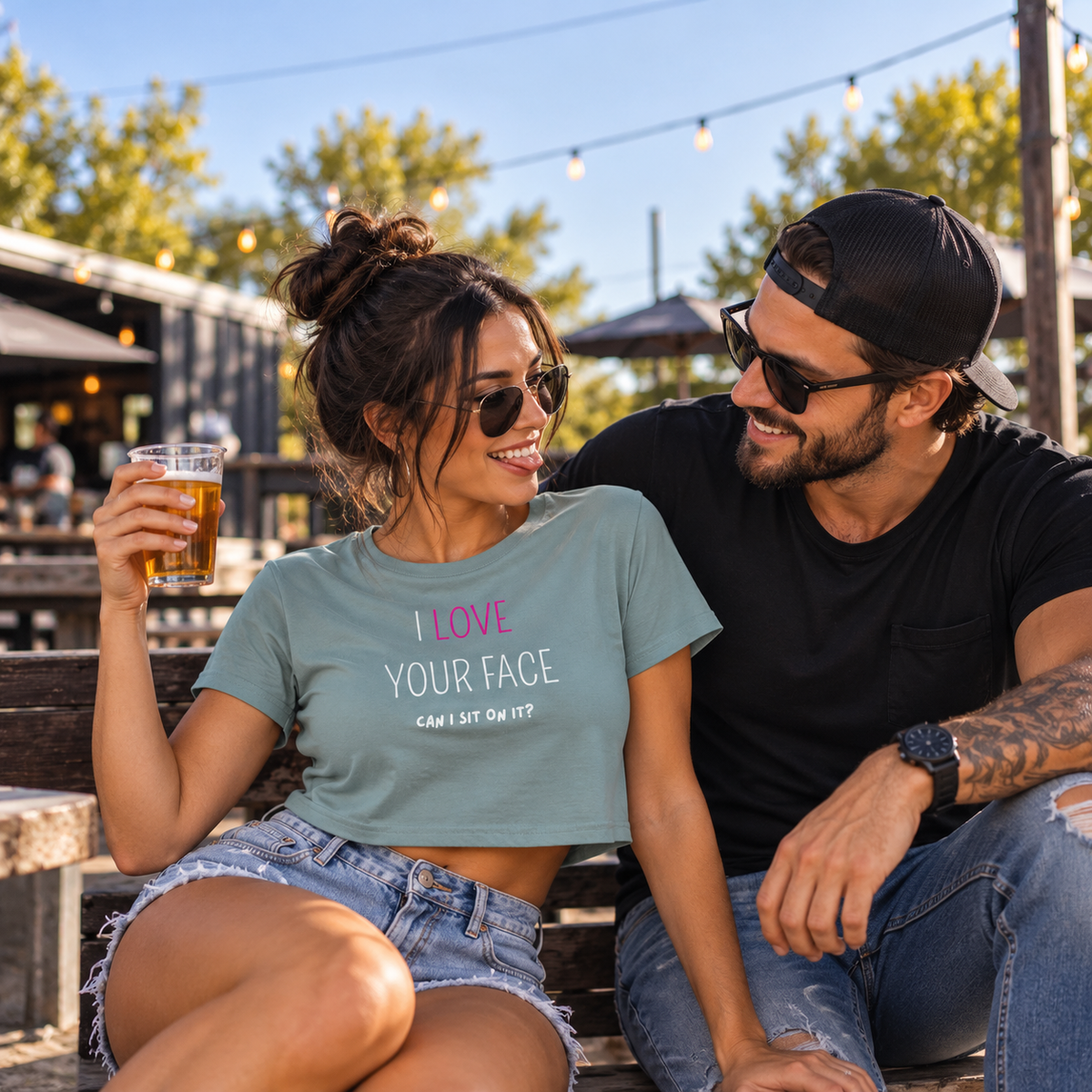 I Love Your Face Can I Sit On It Women's Crop Top | White & Pink Print