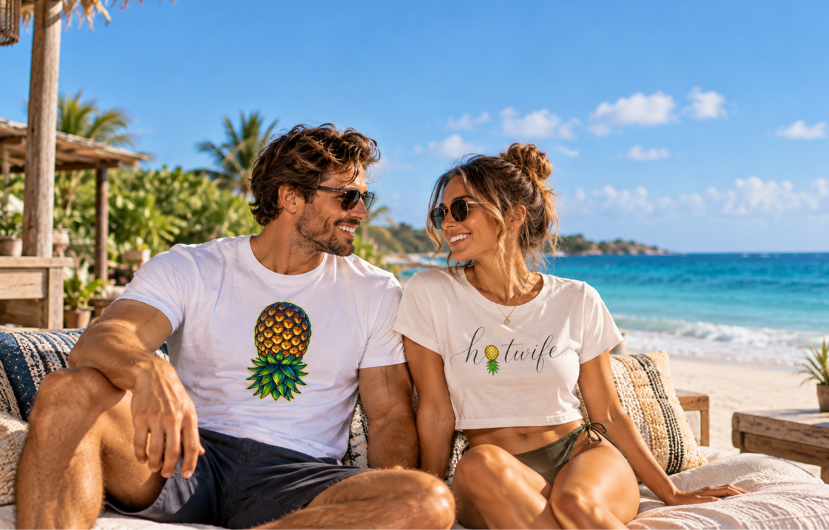A man and a woman sitting together on a beach lounge chair, he is wearing a t-shirt with an upside-down pineapple and she is wearing a crop top that says the text 'hotwife' with a tropical upside-down pineapple. 