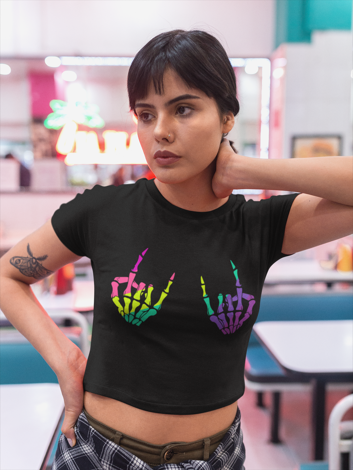 Rock On Skeleton Hands Neon Design – Women’s Crop Top