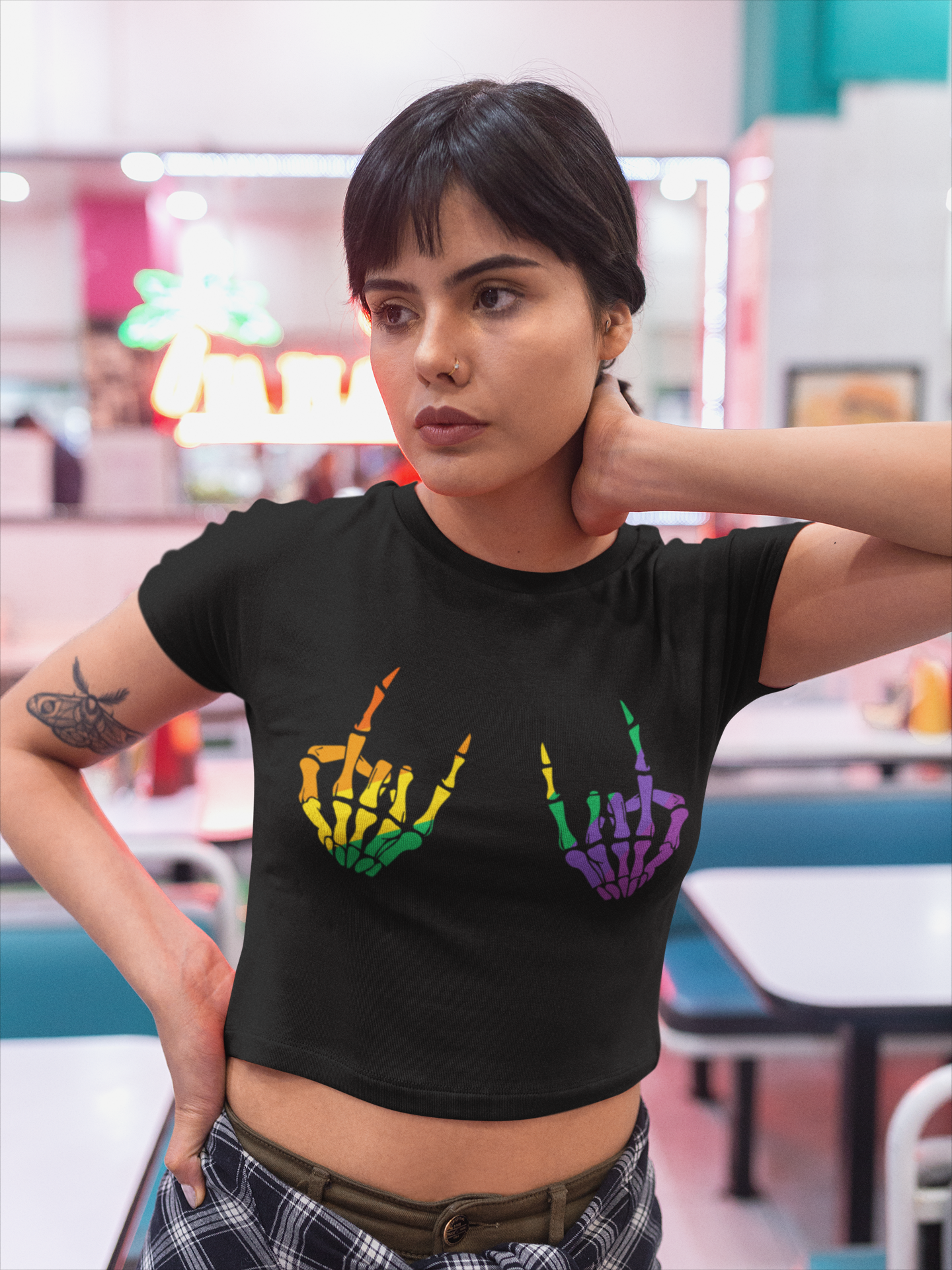 Rock On Skeleton Hands Rainbow Graphic – Flowy Crop Top