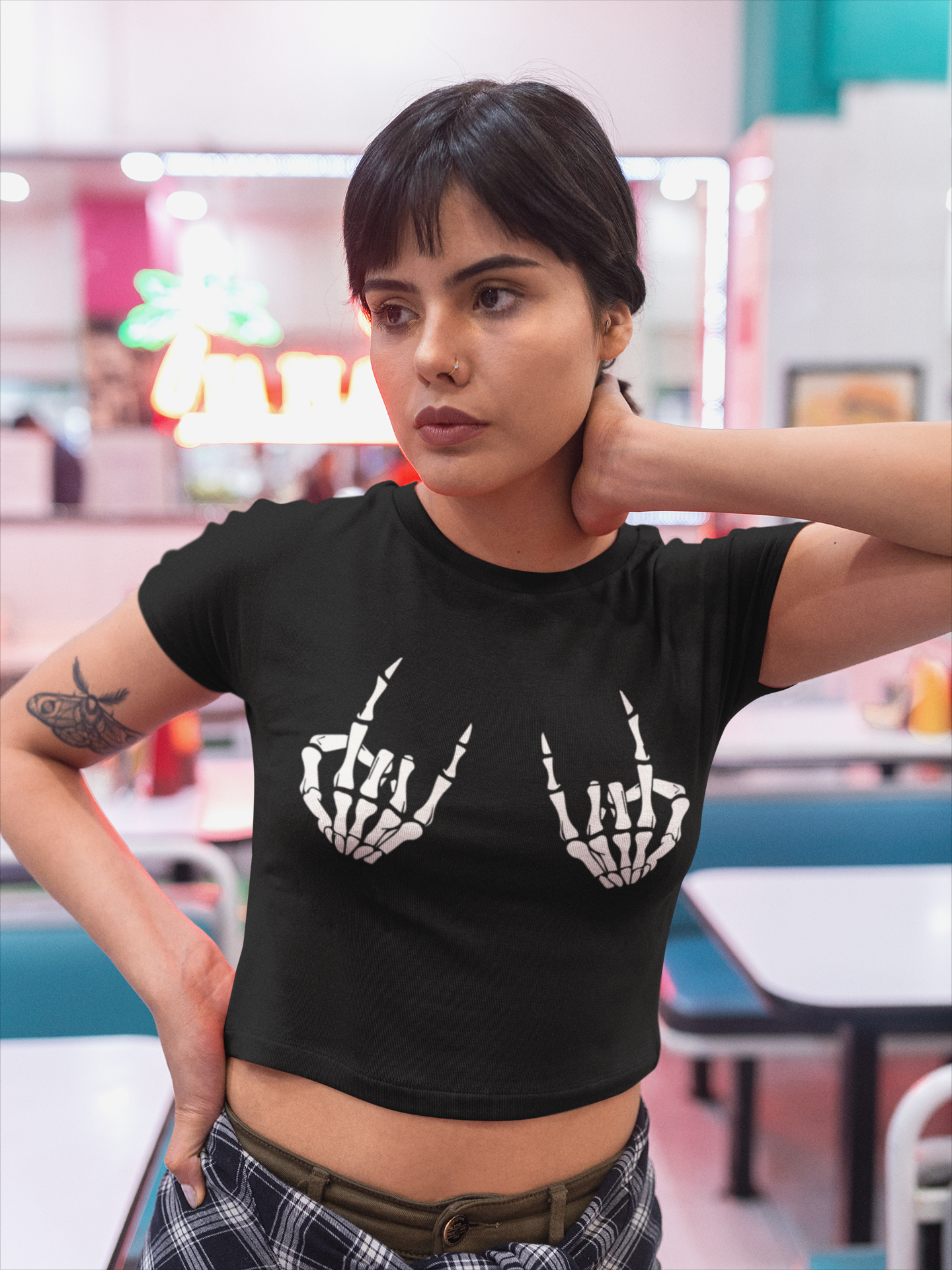 Rock On Skeleton Hands White Ink – Women’s Crop Shirt
