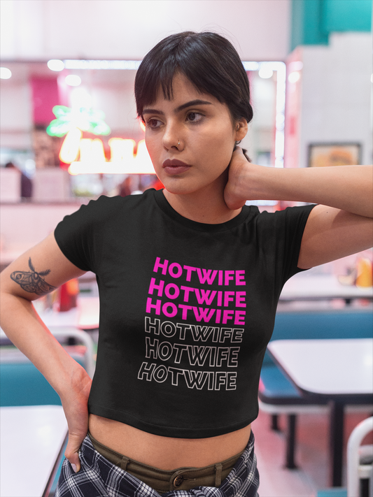 HOTWIFE STACKED NEON PINK GRAPHIC CROP TOP