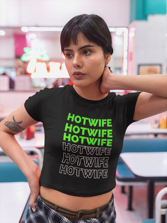 HOTWIFE STACKED NEON GREEN GRAPHIC CROP TOP