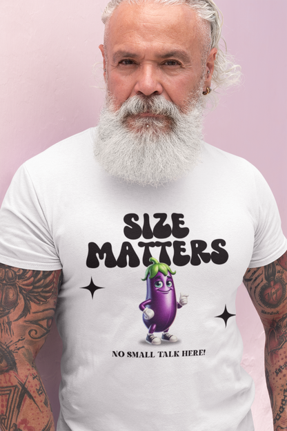 Size Matters Suggestive Cartoon Eggplant Graphic T-Shirt