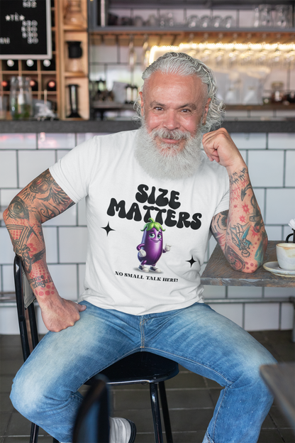 Size Matters Suggestive Cartoon Eggplant Graphic T-Shirt